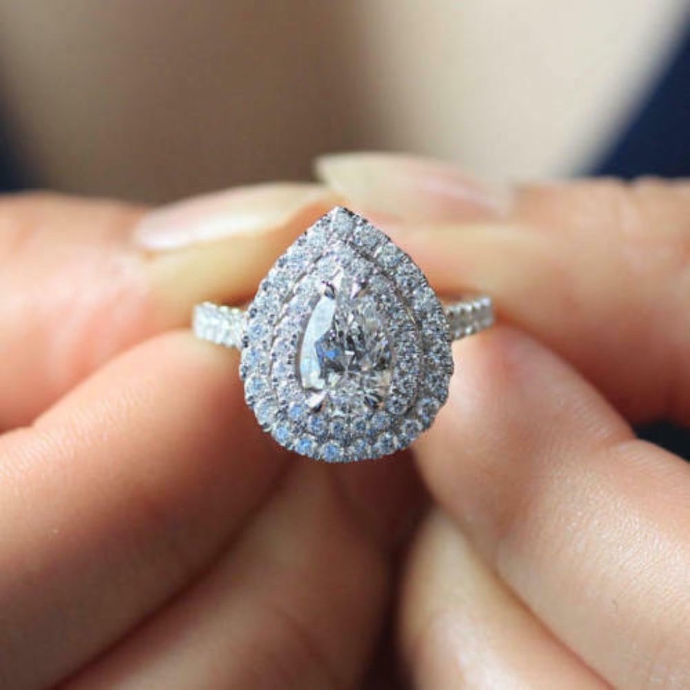1.50 ct Pear Diamond Halo Sterling Silver Engagement Ring VVS1/D Moissanite Gems